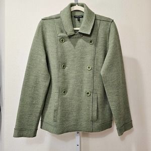 EILEEN FISHER Women's Double Breasted Merino Wool Green Peacoat Jacket Sz M